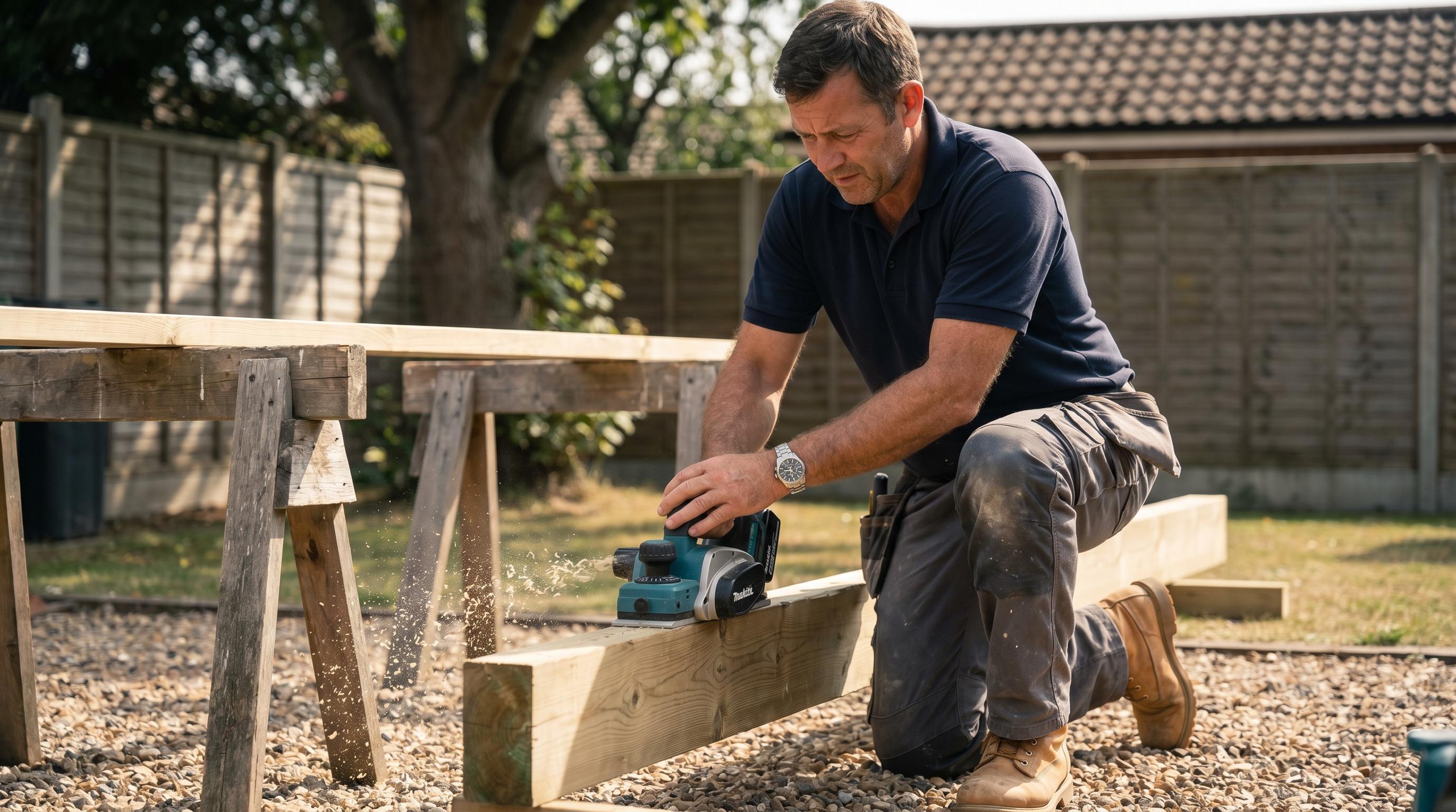 Tradesman using a cordless planer to true up a timber joist on site