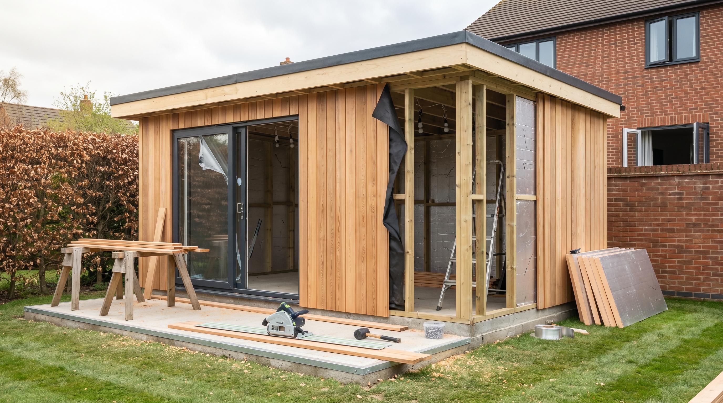 Insulated garden room under construction in a back garden — cedar cladding half-fitted with insulation and breather membrane visible behind the open stud bay