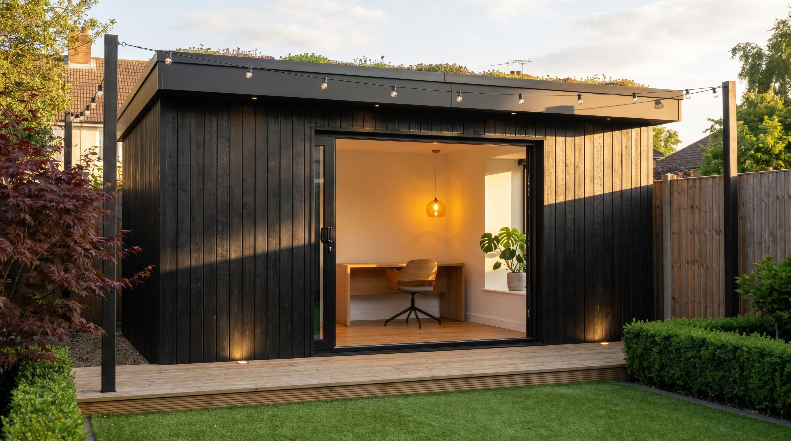 Contemporary charred-timber garden office with full-height sliding doors open onto a cedar deck at golden hour
