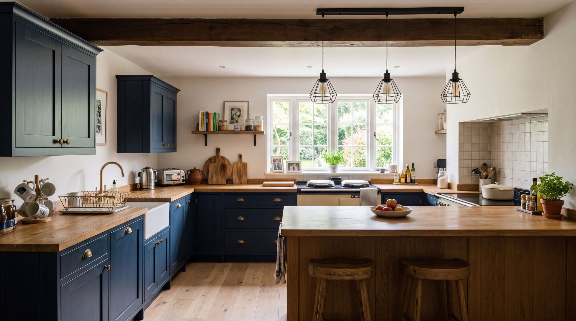 Navy shaker kitchen with oak worktops and industrial cage pendants, fitted by SL Carpentry in Crawley