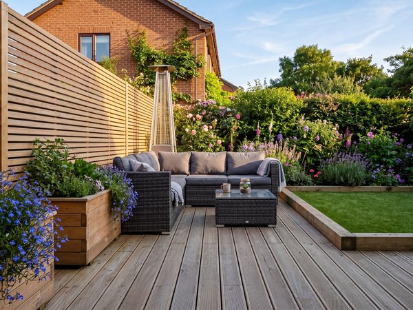 Softwood deck with cedar slatted screen and rattan seating in a landscaped back garden