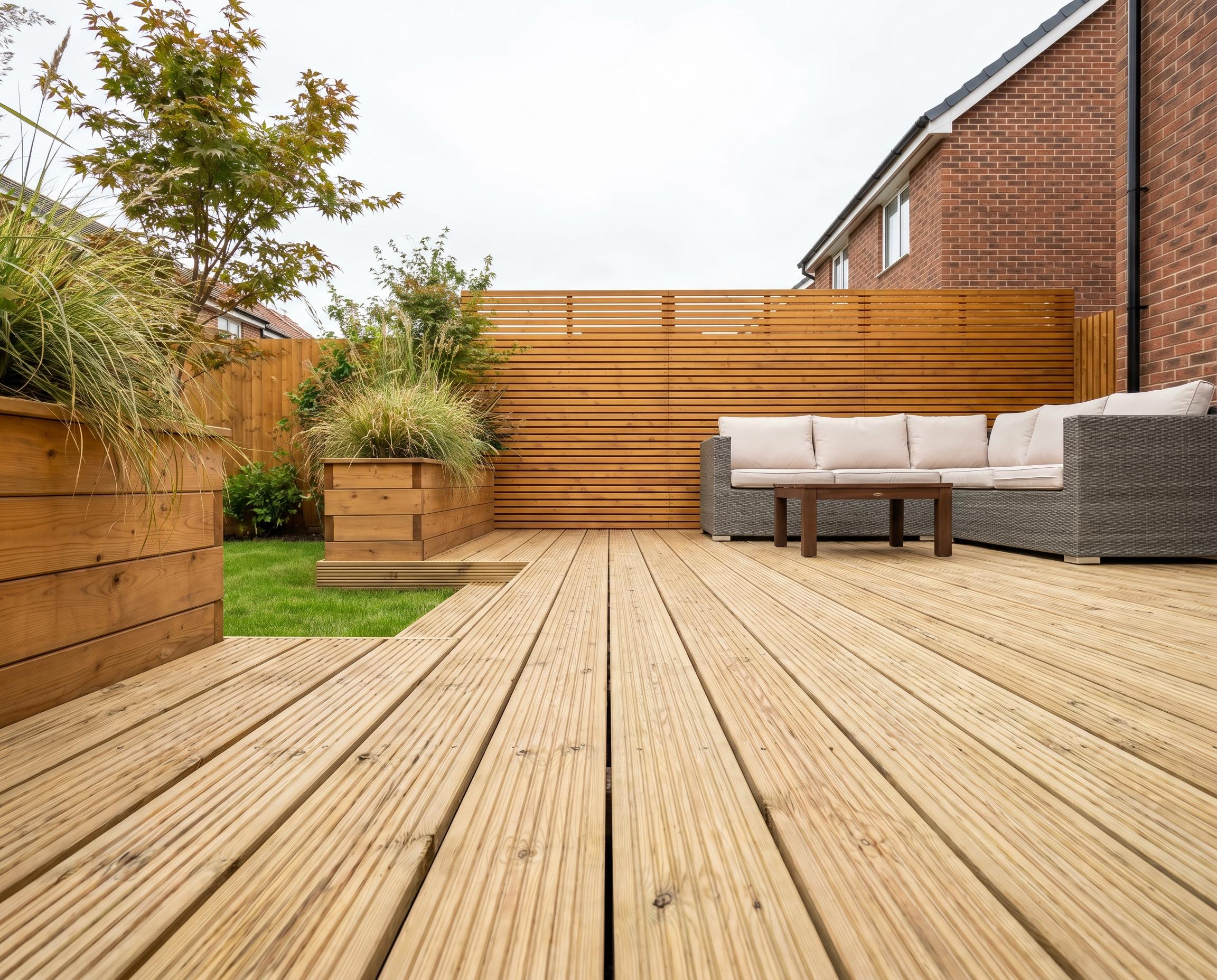 Completed pressure-treated softwood deck with cedar slatted screen and grey rattan seating in a residential back garden