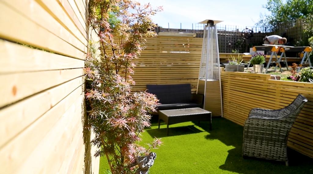 Finished garden with cedar screens and Japanese maple