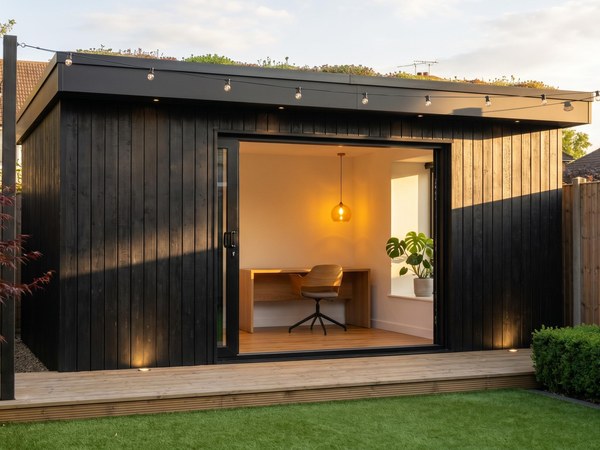 Contemporary charred-timber garden office with sliding doors open at golden hour