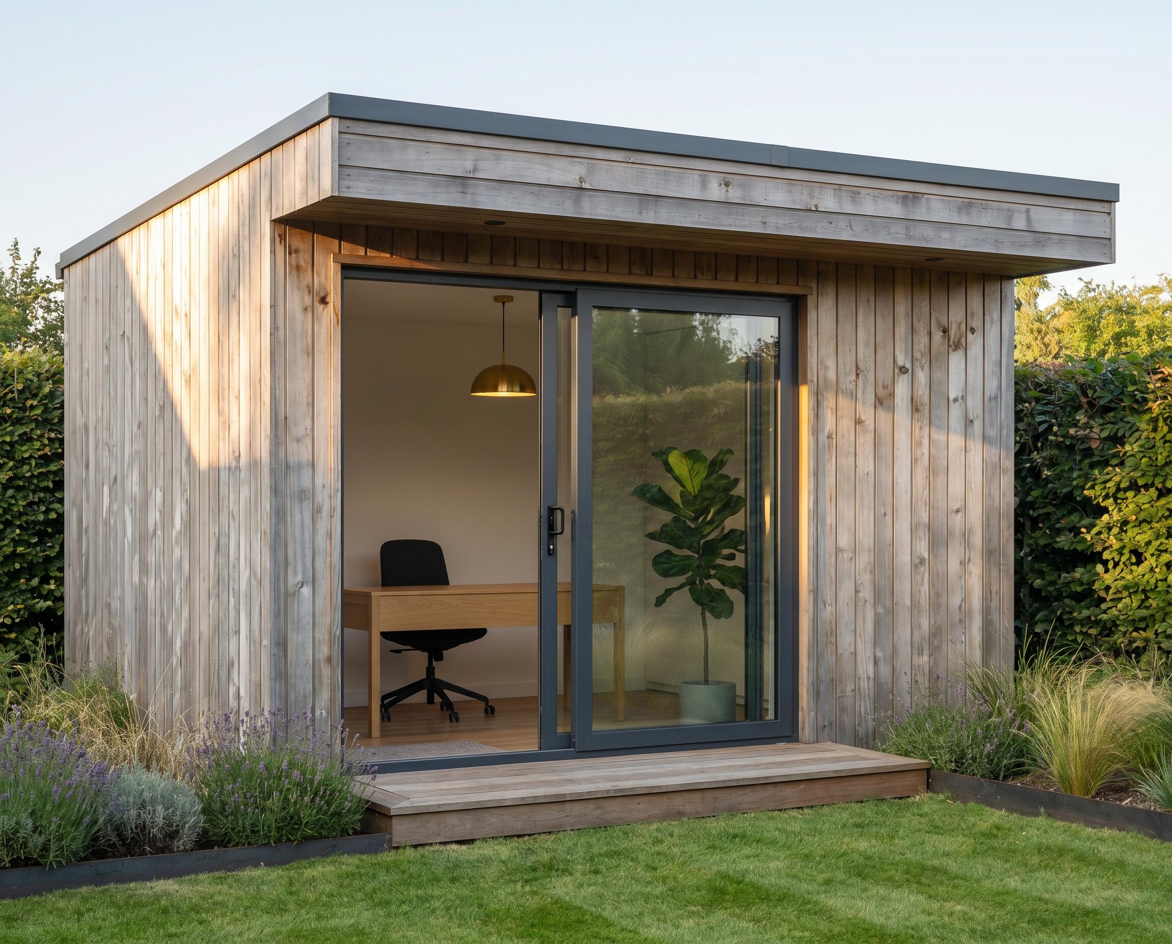 Contemporary cedar-clad insulated garden office with sliding glass doors in a landscaped back garden